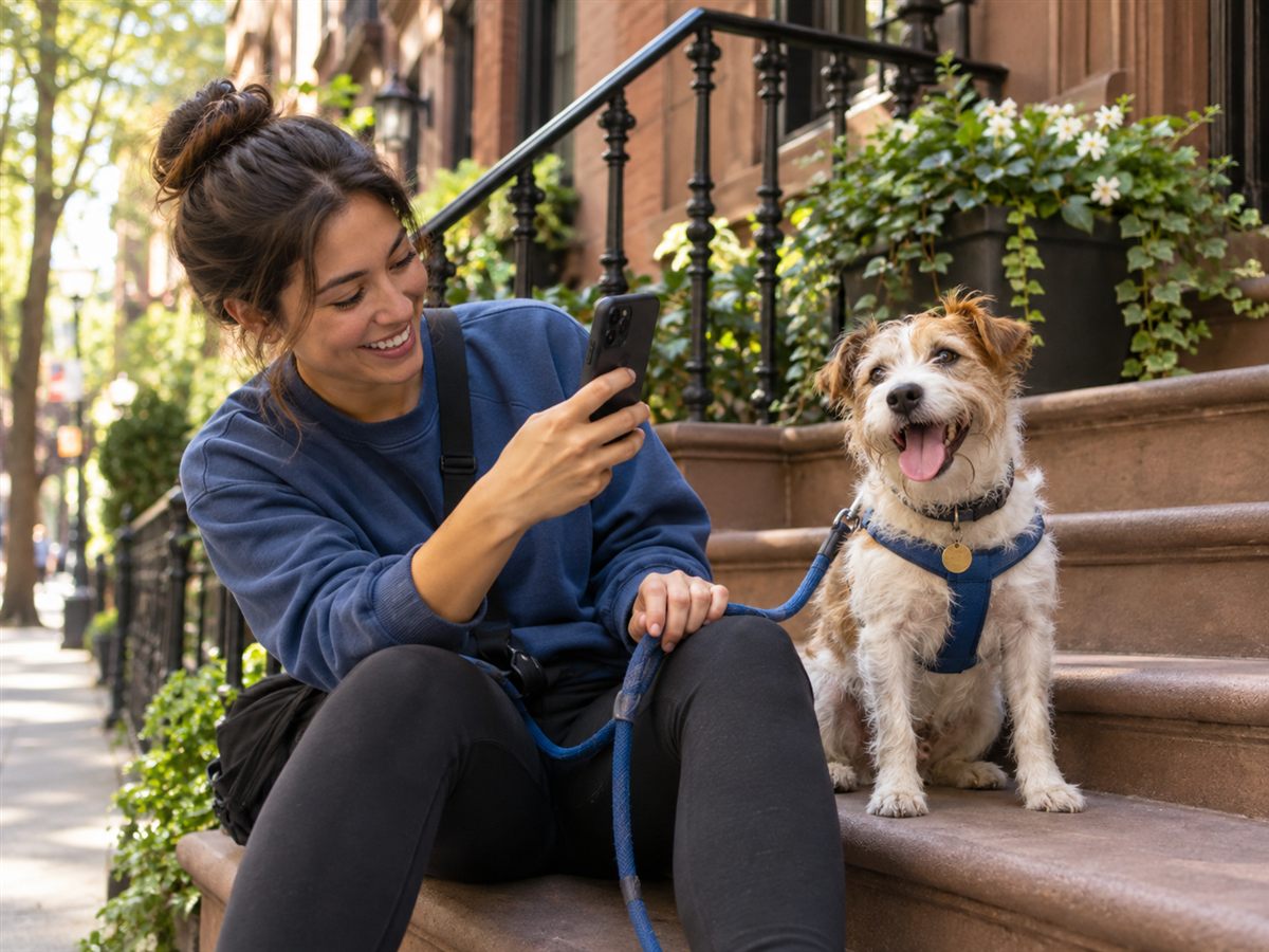 A smiling walker takes a photo of a happy terrier sitting on brownstone steps